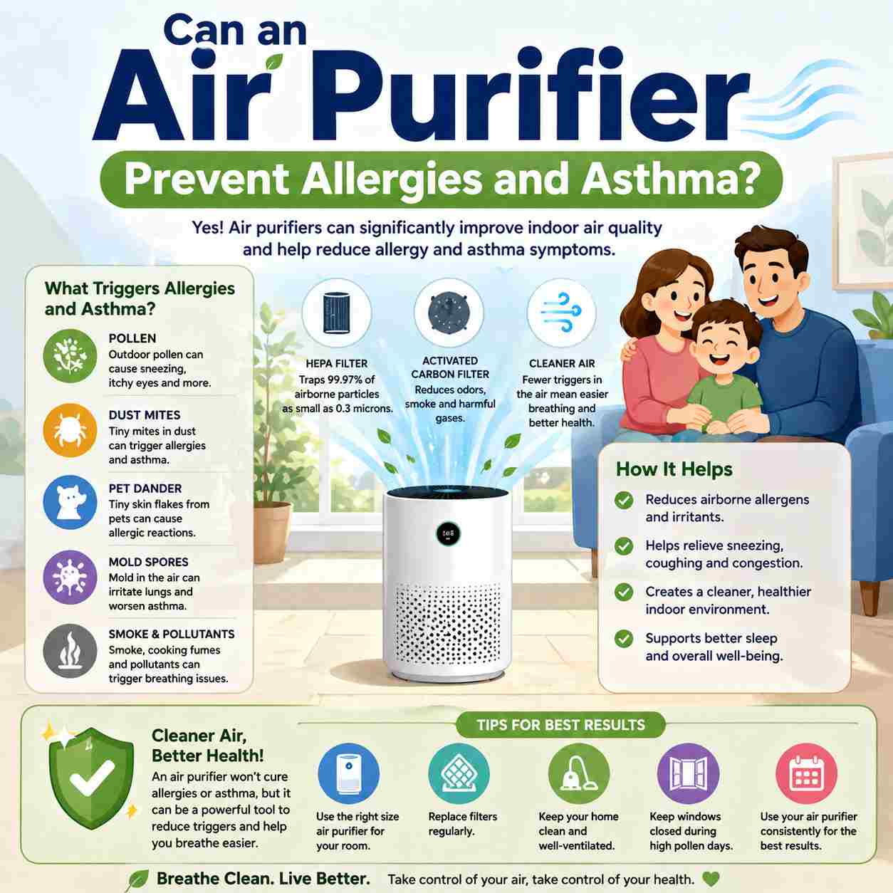 How can an air purifier prevent allergies and asthma?